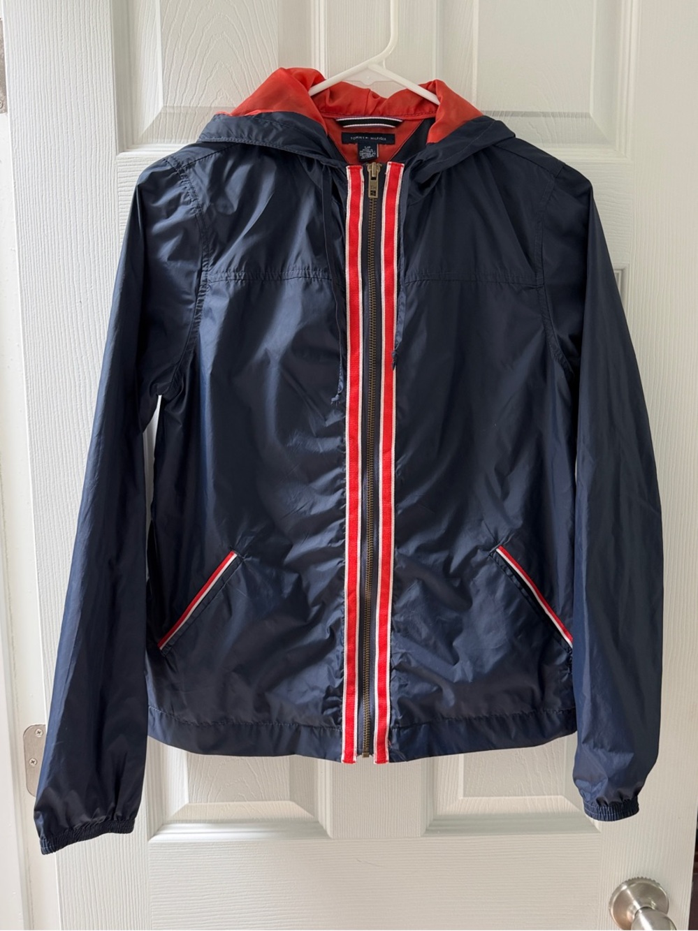 Tommy Hilfiger Stripe-Trim Hooded Nylon Windbreaker Y2K Women’s Small